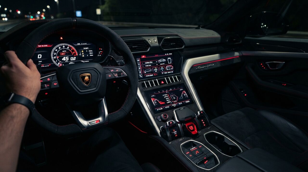 Painel e volante de um Lamborghini Urus à noite