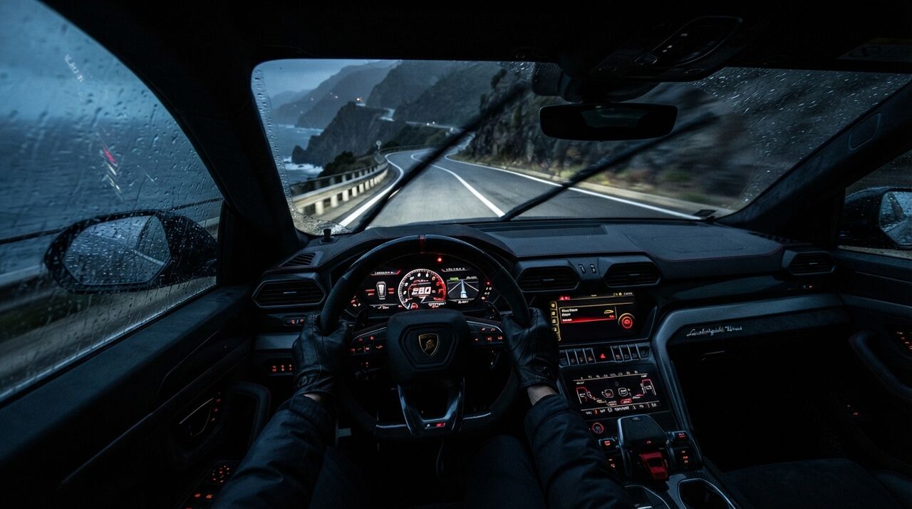 Vista do banco do motorista de um Lamborghini Urus numa estrada com chuva